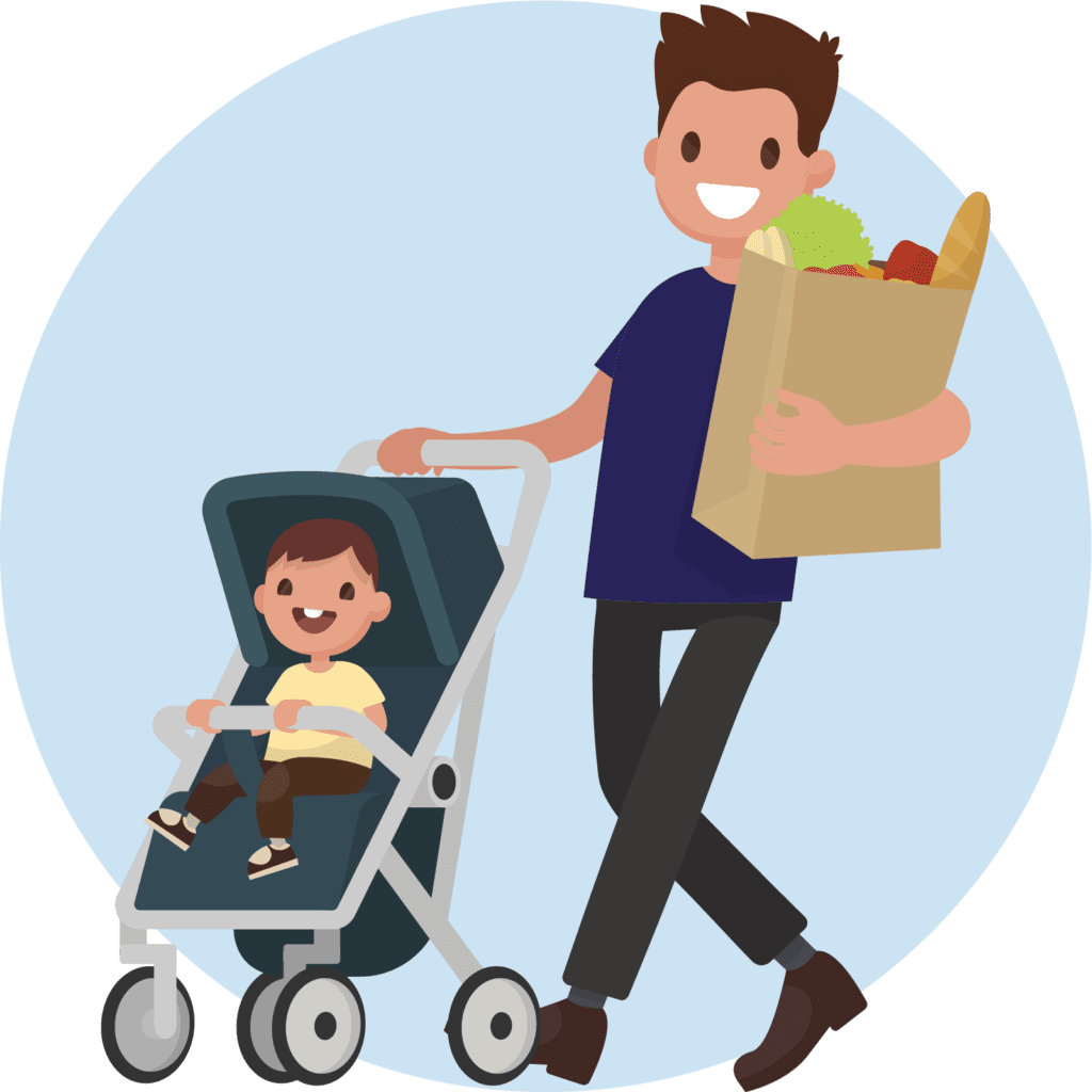 man pushing buggy with shopping bag