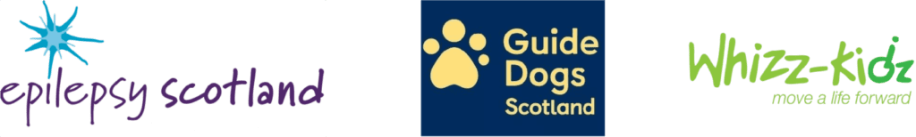logos for epilepsy scotland, guide dogs scotland and whizz-kidz