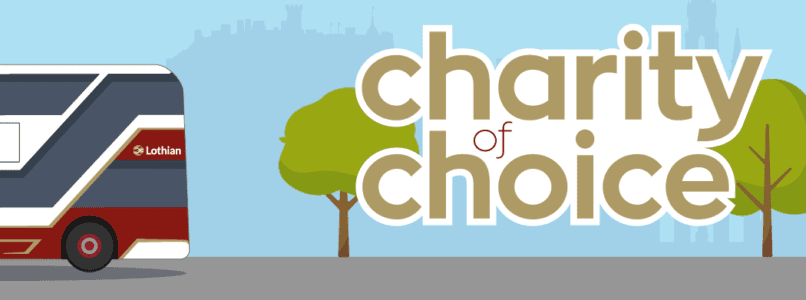 Charity of choice application logo over a silhouette of the Edinburgh city skyline and beside a Lothian bus.