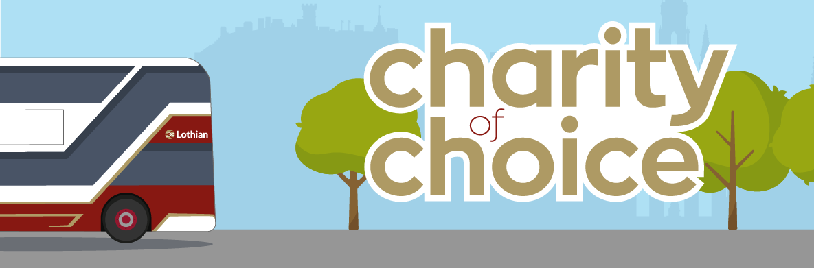 Charity of choice application logo over a silhouette of the Edinburgh city skyline and beside a Lothian bus.