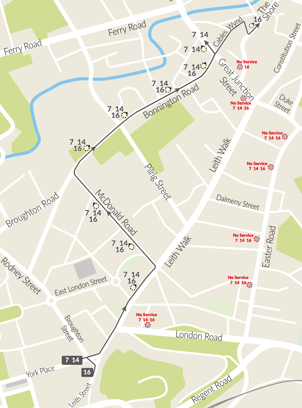 The 7,14,16 diversion route towards The Shore via McDonald Road and Bonnington Road