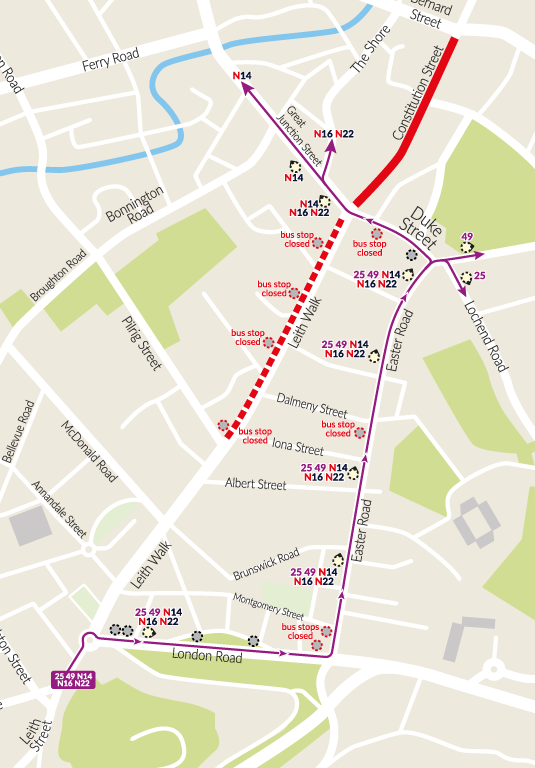 The 25, 49, N14, N16, N22 diversion route towards Leith via London Road, Easter Road, Duke Street and Great Junction Street
