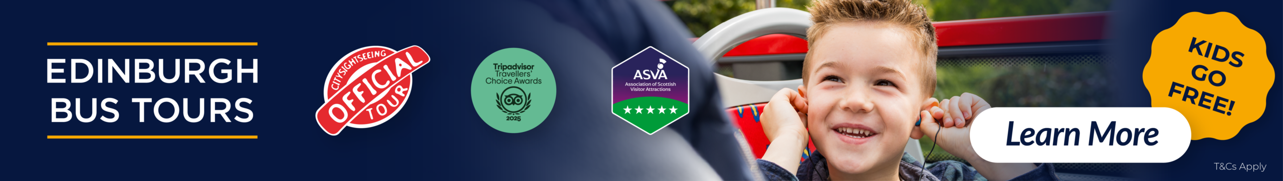 Edinbugrh Bus Tours. Kids Go Free. Tripadvisor Travellers' Choice Award. ASVA 5 Star rated vsiitor atttraction. Citysightseeing Official Tour