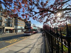 A Lothian city bus drives along Princes Street on a sunny day with blossom trees along the pavement.