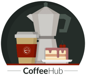 Illustration of coffee cup, cake and cafetiere with the words Coffee Hub below