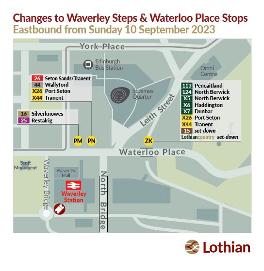 A map showing the changes to bus stops going east-bound at Waverley Steps and Waterloo Place.