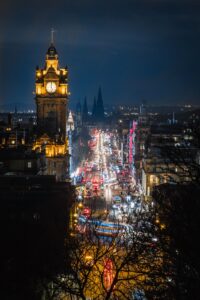 A night-time shot looking down Princes Street to the west end, taken from Calton Hill.