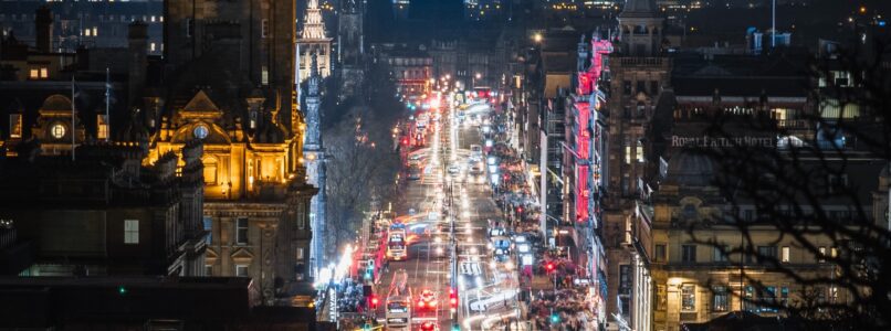 A night-time shot looking down Princes Street to the west end, taken from Calton Hill.