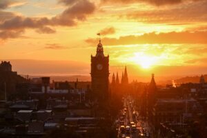 View of Princes Street as the sun sets.