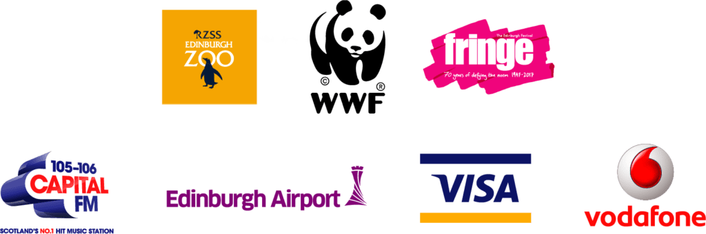 Logo of Edinburgh Zoo, WWF, Edinburgh Festival Fringe, Capital FM, Edinburgh Airport, VISA, Vodafone