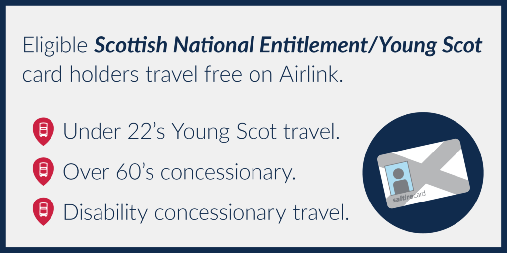 Eligible Scottish National Entitlement/Young Scot card holders travel free on Airlink.