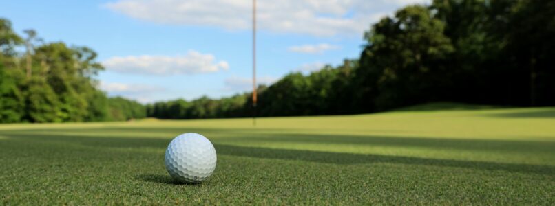 A golf ball sits on a putting green.
