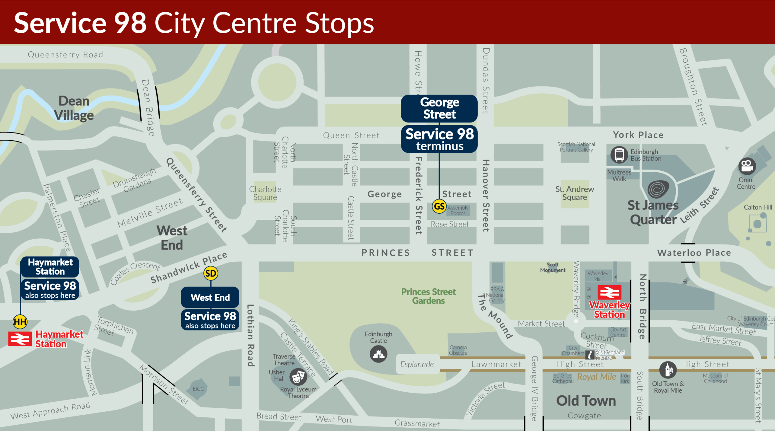 Map showing city centre departure point for Service 98.